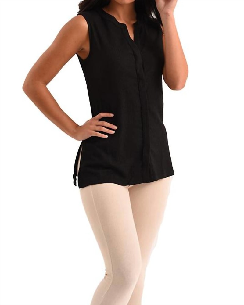 Front of a model wearing a size LG Janet Sleeveless Tunic in Black in Black by french kyss. | dia_product_style_image_id:327605